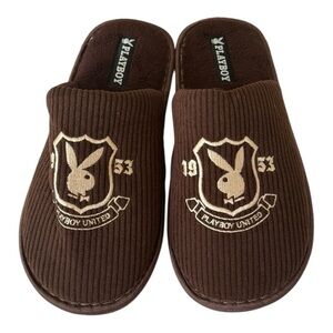 PLAYBOY Men’s Slip On Open Back Brown Bunny Head Slippers Memory Foam Size M NEW